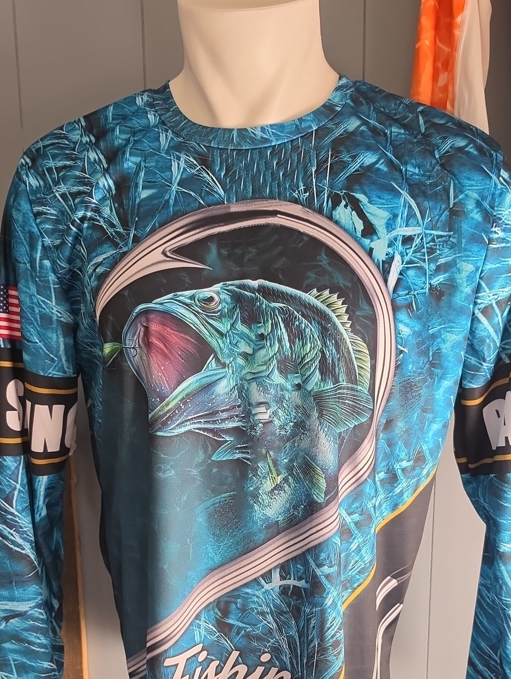 Source Unknown Teal and Black Fishing Rash Guard with Fish Graphic